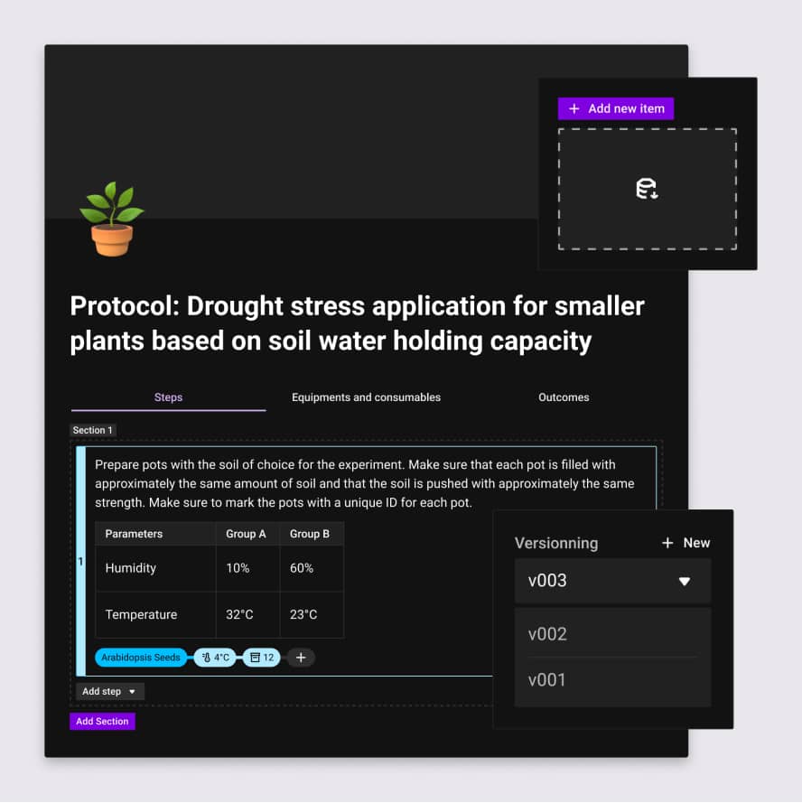 Illustration of the experiment functionality for research containing a protocol page with instructions, data input and versioning.