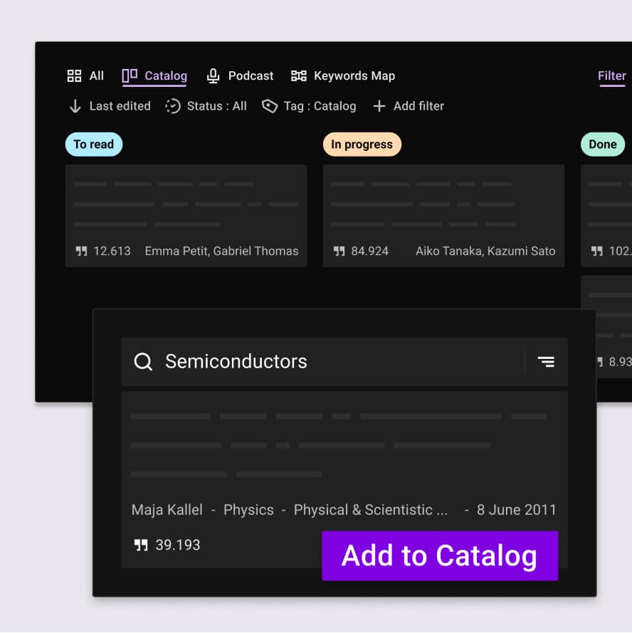 Illustration of the catalog functionality for the literature review containing several columns with the reading status of the publications and an illustrated example of an online publication search directly from the software with a button to add it to the catalog.