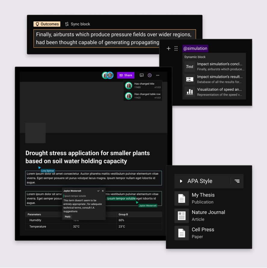 Illustration of the editing functionality for scientific publications and articles containing mention to add to the document suggestions related to the mention text as text, database or graphic and a choice of style such as APA format and document type.
