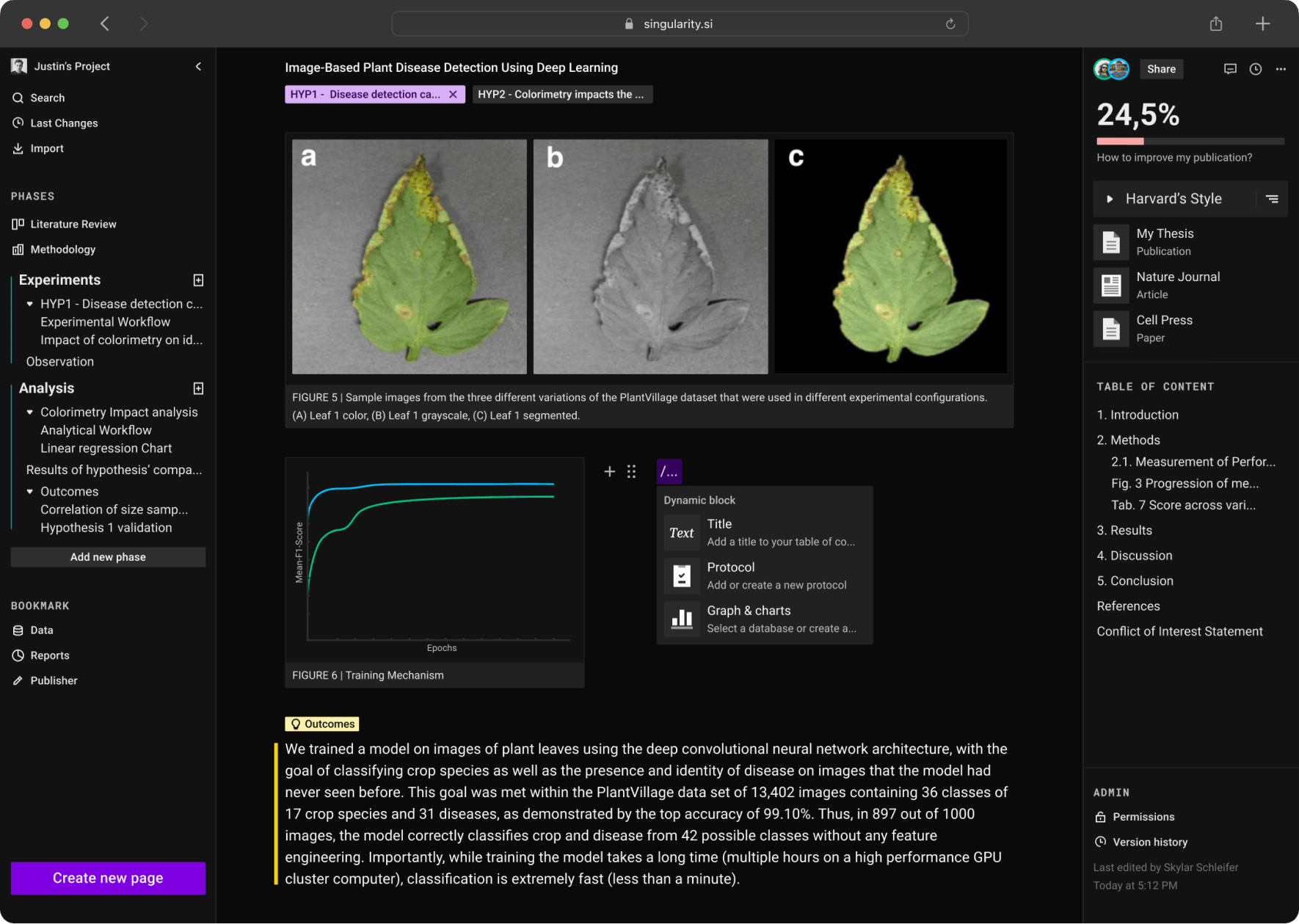 Illustration of a view of the Marvelab's editor with charts, figures and paragraphs identified as findings.
